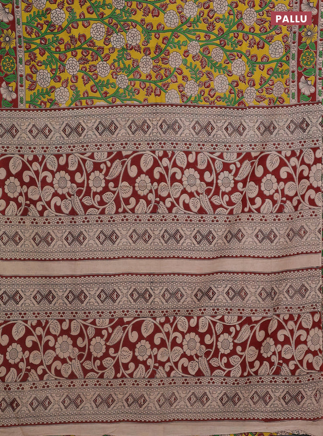 Kalamkari cotton saree yellow and maroon with allover prints and printed border