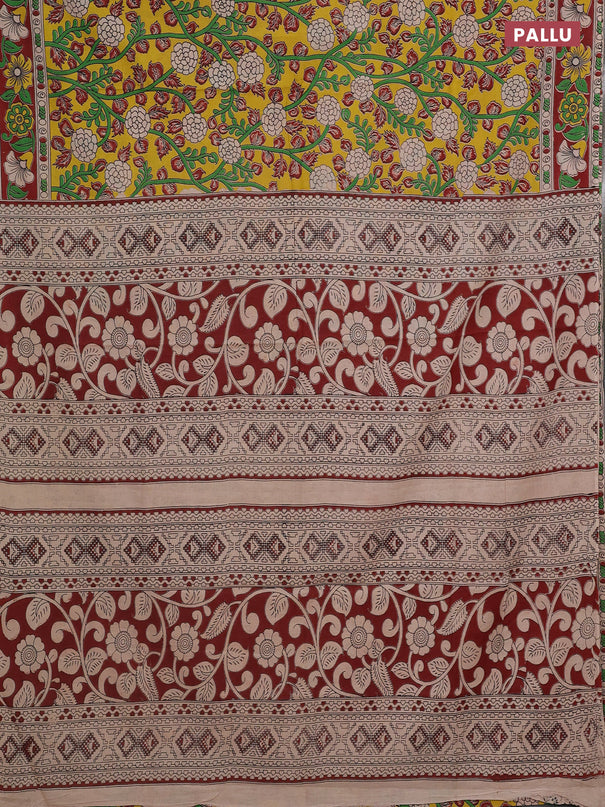 Kalamkari cotton saree yellow and maroon with allover prints and printed border