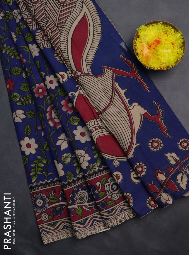 Kalamkari cotton saree blue and magenta pink with allover prints and printed border