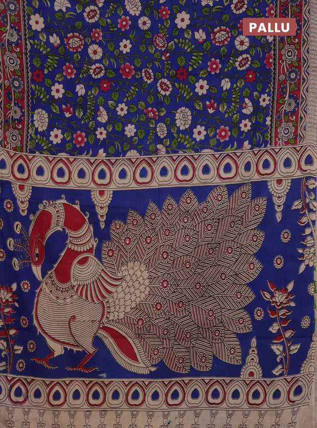 Kalamkari cotton saree blue and magenta pink with allover prints and printed border