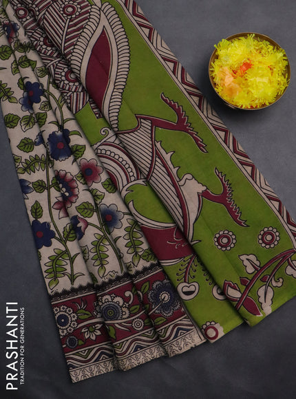 Kalamkari cotton saree beige and maroon with allover prints and printed border