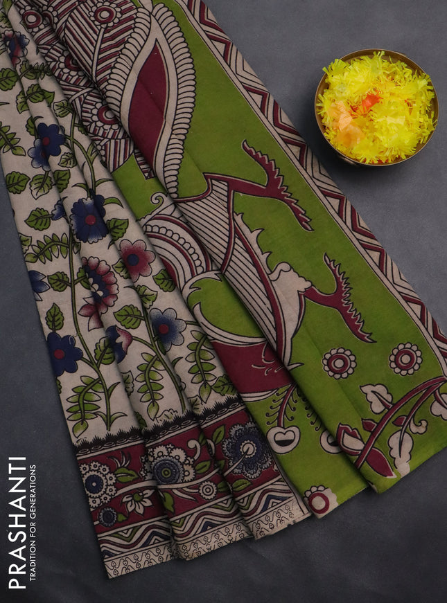 Kalamkari cotton saree beige and maroon with allover prints and printed border