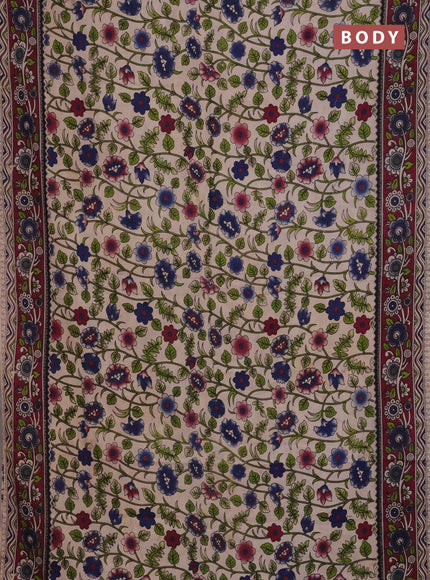 Kalamkari cotton saree beige and maroon with allover prints and printed border