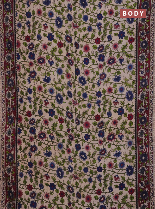 Kalamkari cotton saree beige and maroon with allover prints and printed border