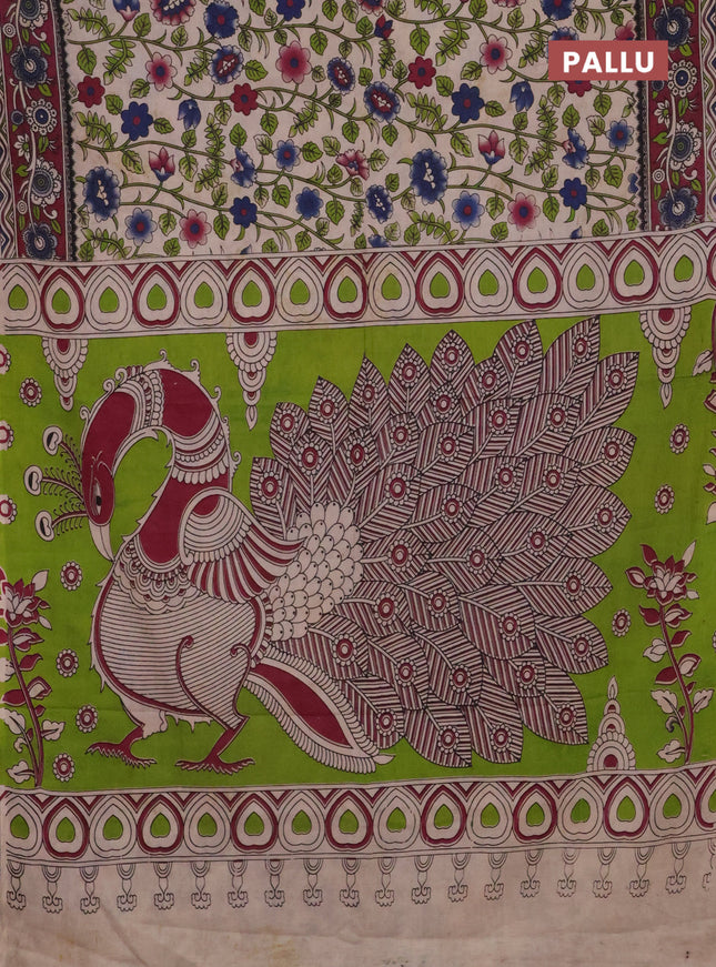 Kalamkari cotton saree beige and maroon with allover prints and printed border