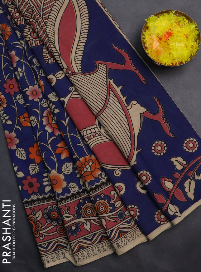 Kalamkari cotton saree blue and maroon with allover prints and printed border
