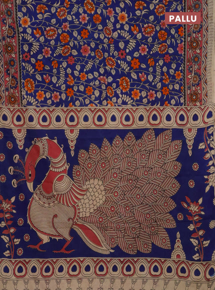Kalamkari cotton saree blue and maroon with allover prints and printed border