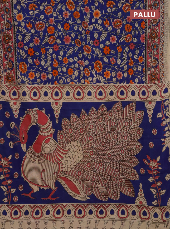 Kalamkari cotton saree blue and maroon with allover prints and printed border