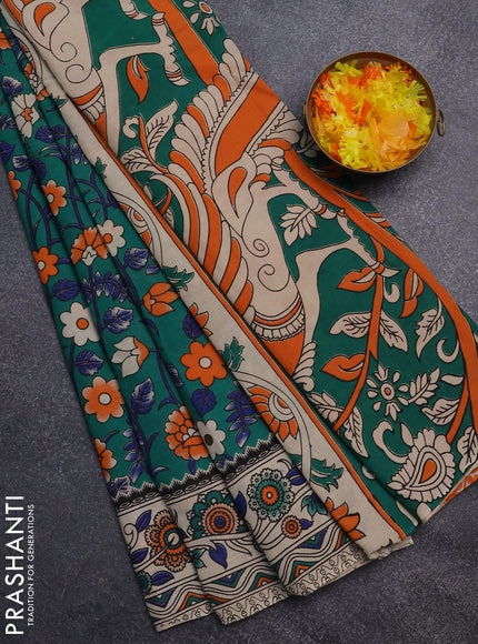 Kalamkari cotton saree green and blue with allover prints and printed border