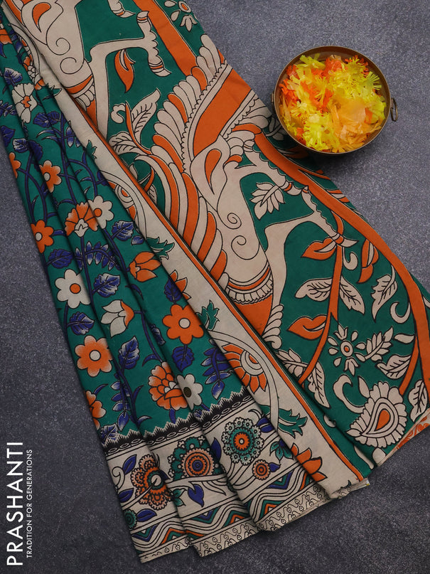 Kalamkari cotton saree green and blue with allover prints and printed border