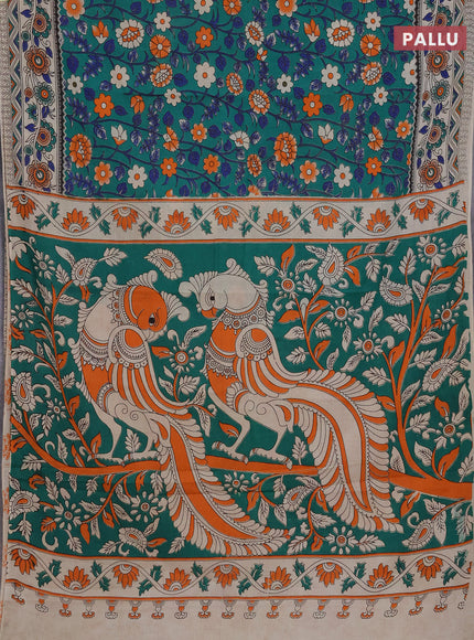 Kalamkari cotton saree green and blue with allover prints and printed border