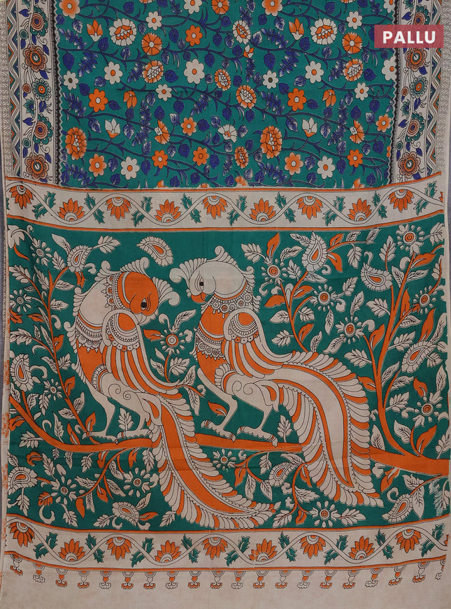 Kalamkari cotton saree green and blue with allover prints and printed border