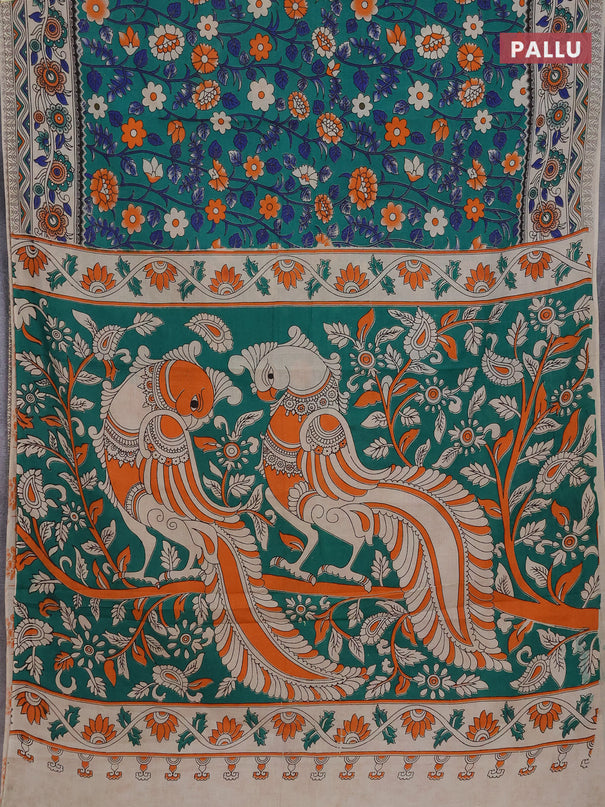 Kalamkari cotton saree green and blue with allover prints and printed border