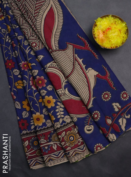 Kalamkari cotton saree blue and magenta pink with allover prints and printed border