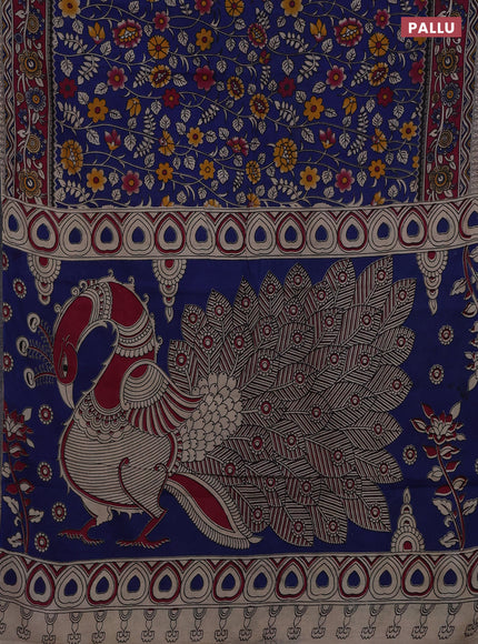 Kalamkari cotton saree blue and magenta pink with allover prints and printed border