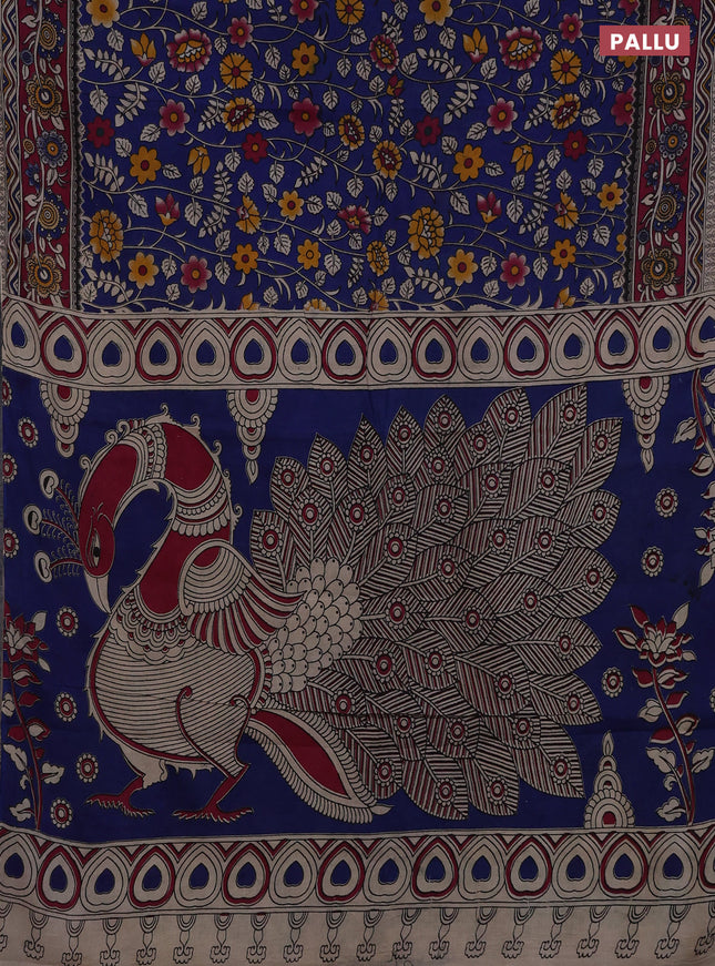Kalamkari cotton saree blue and magenta pink with allover prints and printed border