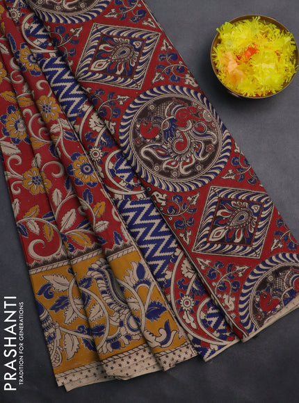Kalamkari cotton saree red and yellow with allover prints and printed border