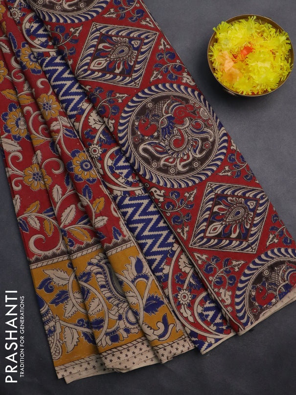 Kalamkari cotton saree red and yellow with allover prints and printed border