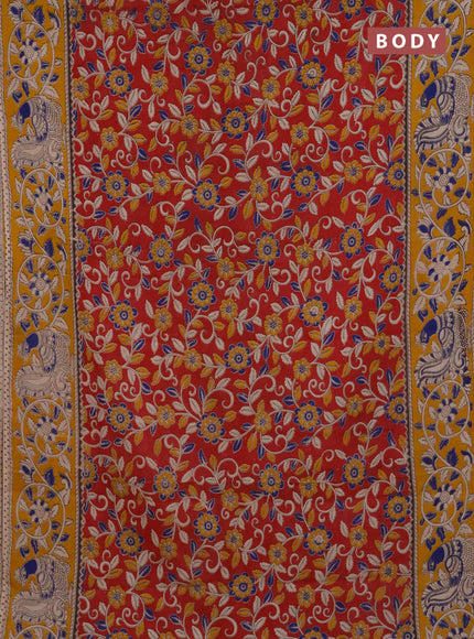Kalamkari cotton saree red and yellow with allover prints and printed border