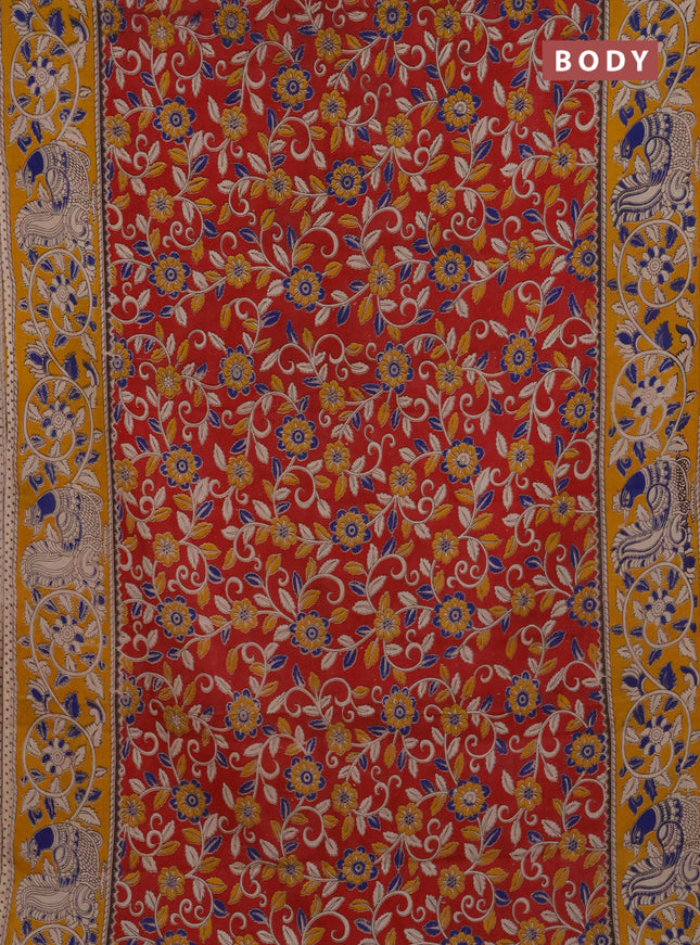 Kalamkari cotton saree red and yellow with allover prints and printed border