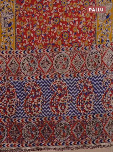 Kalamkari cotton saree red and yellow with allover prints and printed border