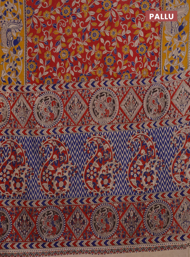 Kalamkari cotton saree red and yellow with allover prints and printed border