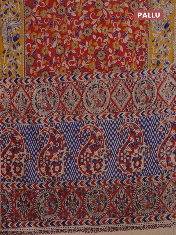 Kalamkari cotton saree red and yellow with allover prints and printed border