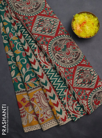 Kalamkari cotton saree green and yellow with allover prints and printed border