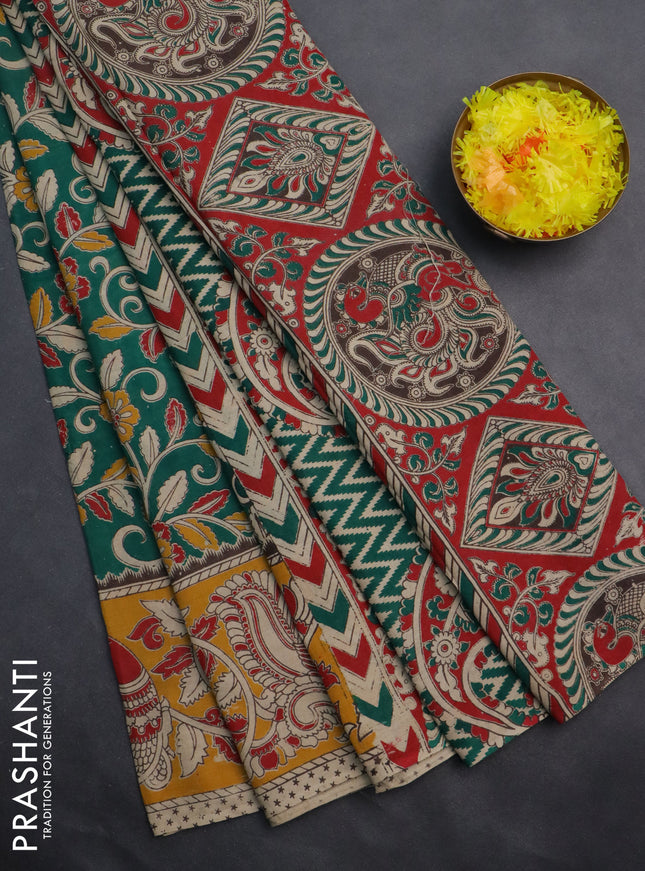 Kalamkari cotton saree green and yellow with allover prints and printed border