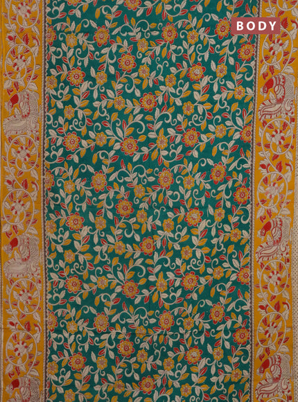 Kalamkari cotton saree green and yellow with allover prints and printed border