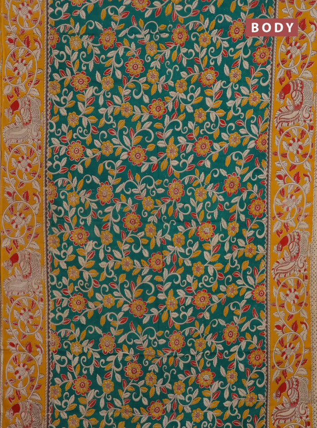 Kalamkari cotton saree green and yellow with allover prints and printed border