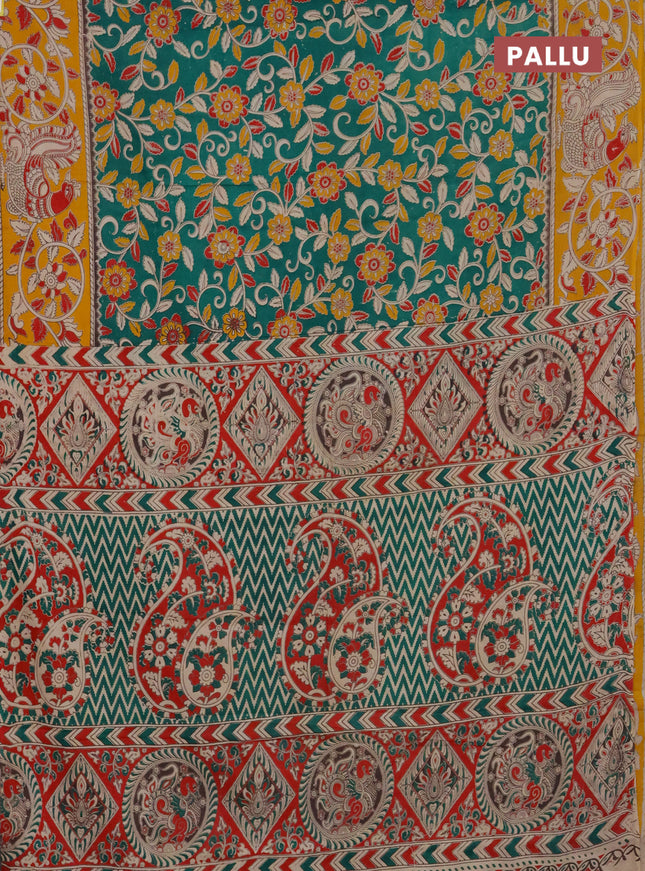Kalamkari cotton saree green and yellow with allover prints and printed border
