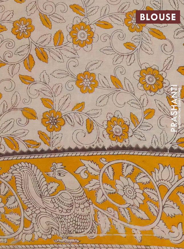 Kalamkari cotton saree green and yellow with allover prints and printed border