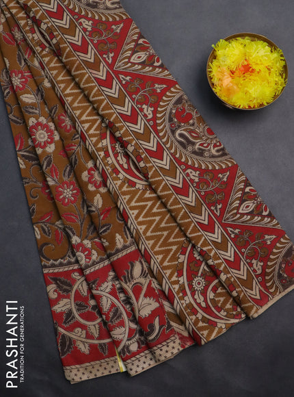 Kalamkari cotton saree dark mustard and red with allover prints and printed border