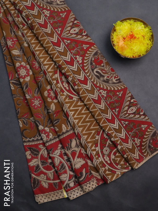 Kalamkari cotton saree dark mustard and red with allover prints and printed border