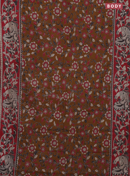 Kalamkari cotton saree dark mustard and red with allover prints and printed border