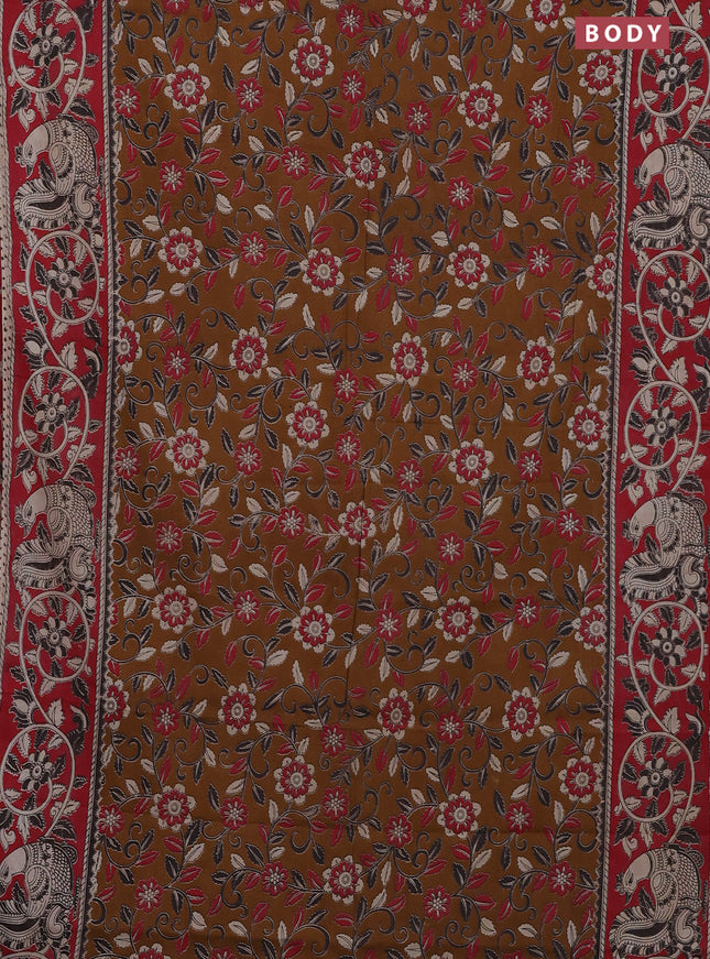 Kalamkari cotton saree dark mustard and red with allover prints and printed border