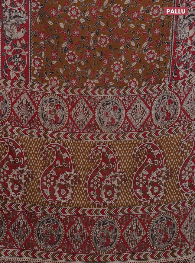 Kalamkari cotton saree dark mustard and red with allover prints and printed border