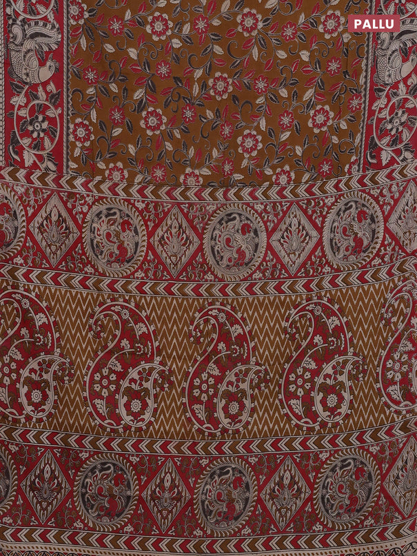 Kalamkari cotton saree dark mustard and red with allover prints and printed border