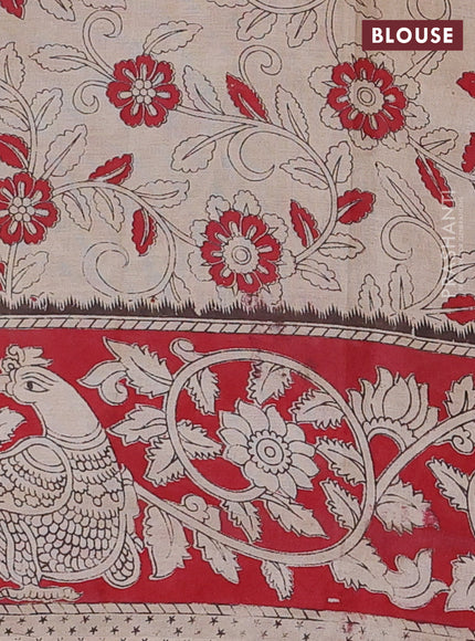 Kalamkari cotton saree dark mustard and red with allover prints and printed border