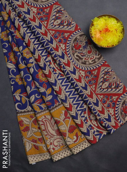 Kalamkari cotton saree blue and yellow with allover prints and printed border