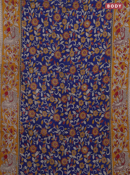 Kalamkari cotton saree blue and yellow with allover prints and printed border
