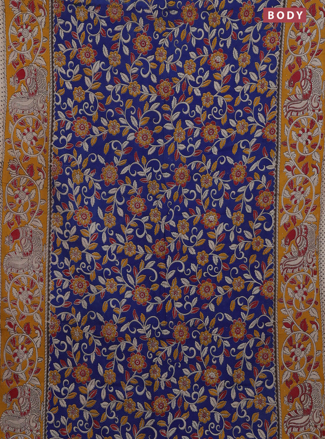 Kalamkari cotton saree blue and yellow with allover prints and printed border
