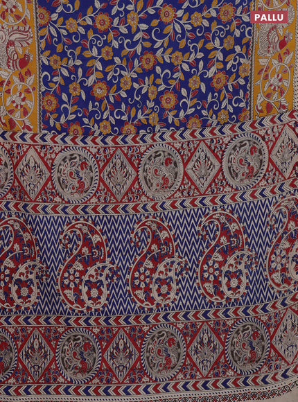 Kalamkari cotton saree blue and yellow with allover prints and printed border