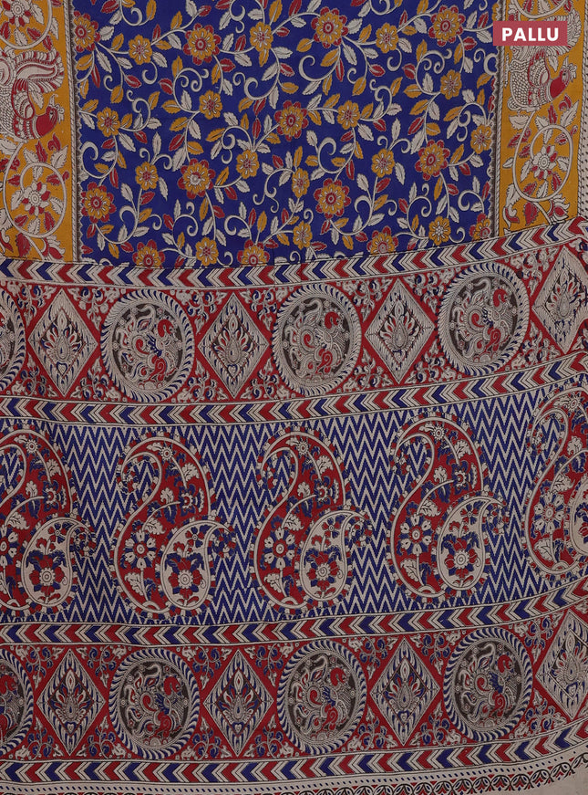 Kalamkari cotton saree blue and yellow with allover prints and printed border