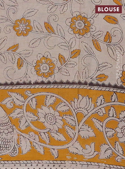 Kalamkari cotton saree blue and yellow with allover prints and printed border