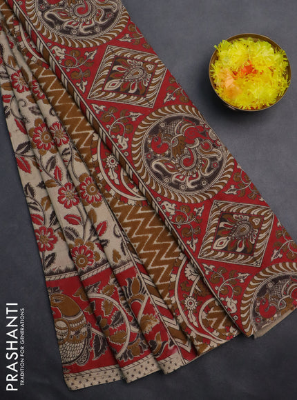 Kalamkari cotton saree beige and red with allover prints and printed border