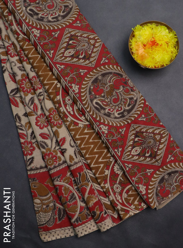 Kalamkari cotton saree beige and red with allover prints and printed border