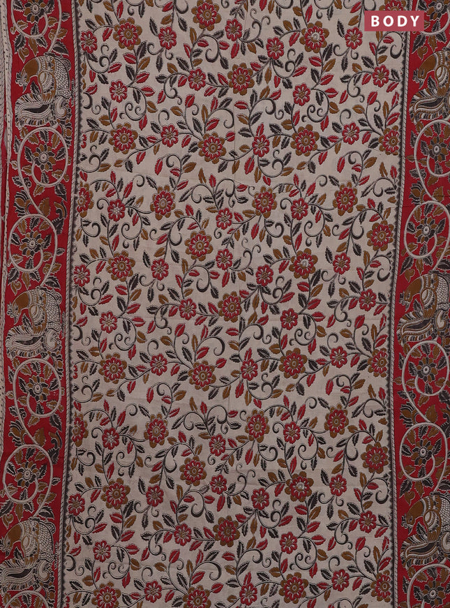 Kalamkari cotton saree beige and red with allover prints and printed border