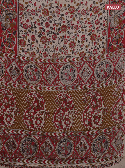 Kalamkari cotton saree beige and red with allover prints and printed border
